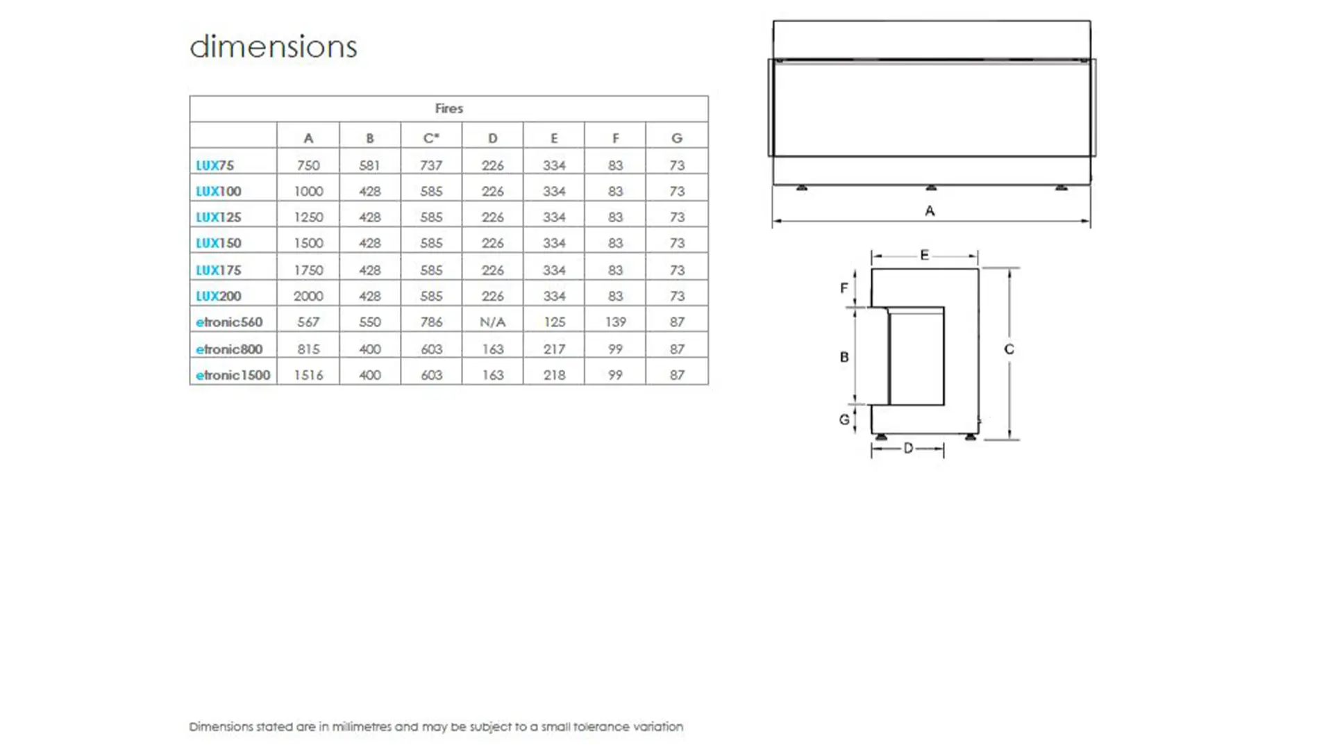 Sizing Table and Dimensions